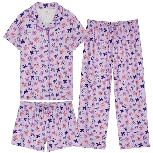 Image of US Angels Girls Pajama Set 3 Piece, Short Sleeve Button Down PJs with Shorts & Pants, Soft Sleepwear Girls & Tweens Size 5-16