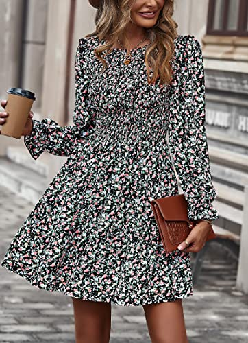 Image of KIRUNDO Long Sleeve Dress for Women 2025 Summer Fall Wedding Guest Smocked Floral Crewneck Ruffle A Line Flowy Mini Dress