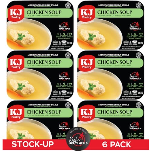 KJ Poultry Kosher Ready Meals - Matza Ball Chicken Soup &amp; Vegetables, CHOMETZ NOT for PASSOVER, MRE Meat Meals Ready to Eat, Shabbos Food, Halal, (6 Pack) Cooked Entree, Shelf Stable Microwave Dinner