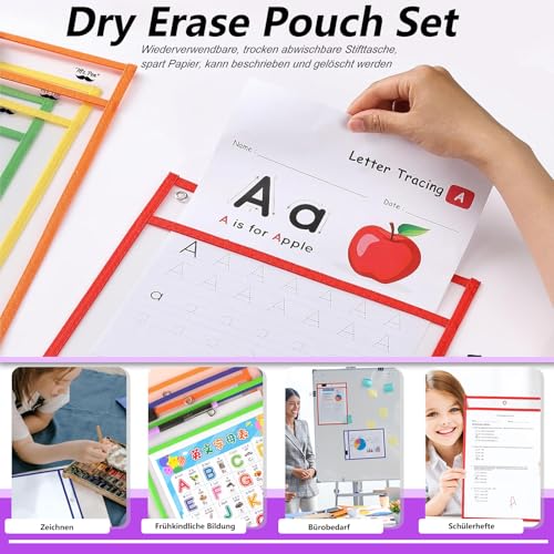 10 Stück Dry Erase Taschen, Wiederverwendbare A4 Trocken Abwischbare Taschen mit 10 Whiteboard-Stiften, 2 Radiergummis und 2 Edelstahl Ringe, Dry Erase Pockets A4 für Schule Home oder Arbeit
