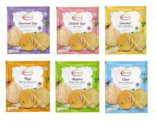 Image of Maniarr's Khakhra Combo Pack of 6 | Ragi Ajwain, Chatpata Bajri, Jeera, Masala, Methi & Plain Khakhra | 200g Each | Crispy Roasted Whole Wheat & Millet Snack | Total 1.2kg