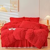 ERLOXO Fluffy red Faux Fur Comforter Cover Queen Set，Fluffy Fuzzy Plush red Bedding 3Pcs (1 Faux Fur Duvet Cover +2 Fuzzy Pillowcases) Fluffy Bed Set