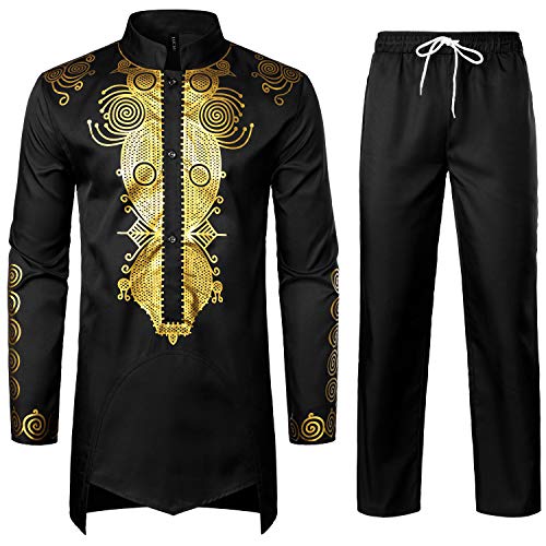 LucMaton Ensemble africain 2 pièces à manches longues et pantalon pour homme Imprimé Dashiki Doré - noir - Taille S Cover