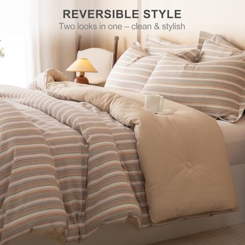 Image of 100% Cotton Comforter Set Full Size - Reversible Yarn-Dyed Stripe Design, Soft Washed Cotton on Both Sides, Lightweight All-Season Bedding, Machine Washable(Colorful Stripe, 80 inchx90 inch)