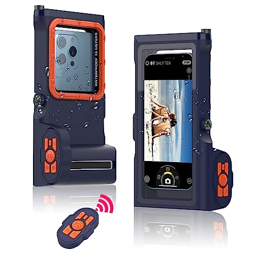 Professional Snorkeling Diving Waterproof Phone Case, Bluetooth Connection with APP Control, Underwater 50ft/15m Photo & Video Protective Housing for iPhone Samsung Galaxy LG Huawei etc. (Blue Orange)