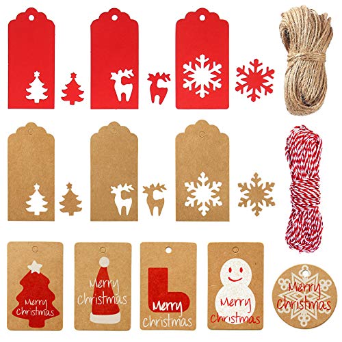 Christmas Kraft Paper Tags, 220pcs Kraft Paper Gift Tags, Craft Hang Labels with Free 30 Meters Twine for Gifts Arts, Crafts Wedding Holiday and Label Package Name Card (11 Styles)