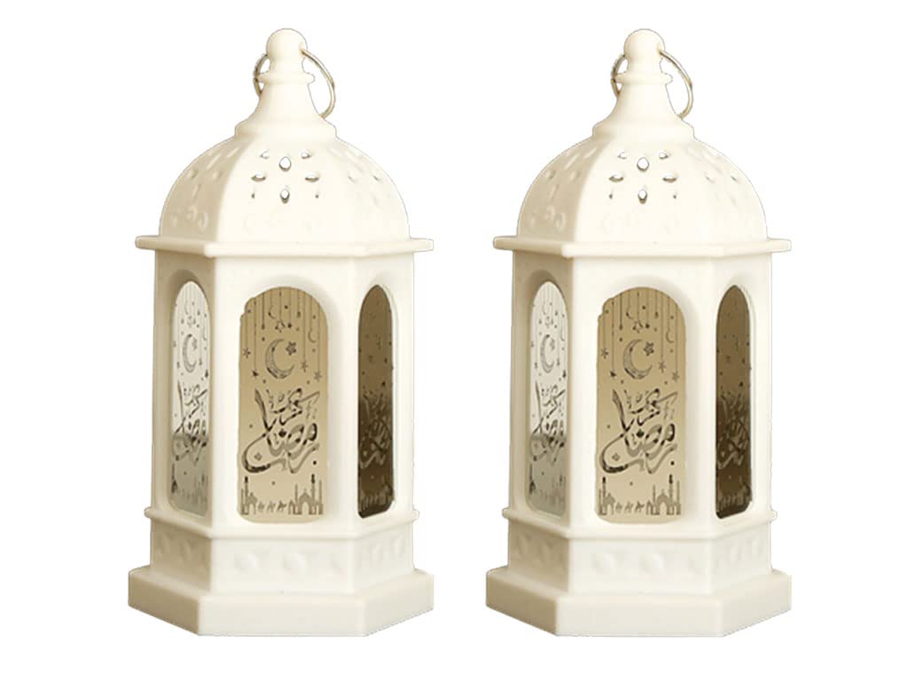 Anlising 2-Piece Ramadan Lantern Decoration, LED Eid Mubarak Lamp, Hanging Decor for Home Tabletop Party Supplies (White)
