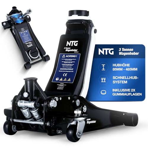 NTG HYDRAULISCHER WAGENHEBER 3T – Wagenheber Hydraulisch mit Doppelkolben & Schnellhub, 85–485 mm Hubhöhe – Rangierwagenheber inkl. 2 Gummiauflagen für PKW & SUV