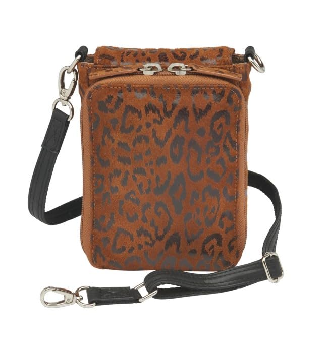 Gun Tote'n Mamas Crossbody Phone Pouch, Debossed Suede-Cheetah, Brown/Black2