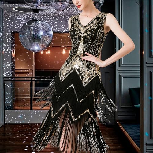 MUNAFIE Jaren 20-jurk, glitterpailletten, franjes, V-hals, jurk voor dames, jaren 20, Gatsby, Charleston, flapperjurk, feestjurk, kostuum voor dames, zilver, M MUNAFIE Jaren 20-jurk, glitterpailletten, franjes, V-hals, jurk voor dames, jaren 20, Gatsby, Charleston, flapperjurk, feestjurk, kostuum voor dames, zilver, M