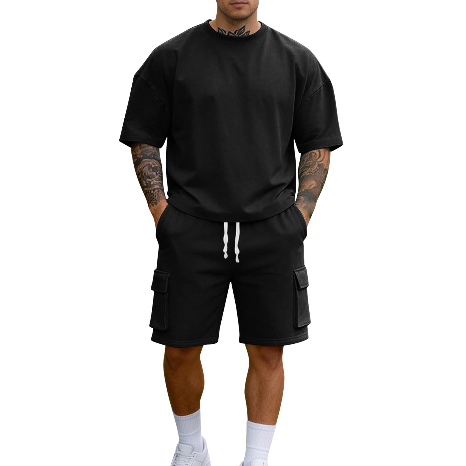 Completo Estivo Uomo Sportivo 2 Pezzi, Tuta Largo Casual Leggero, Maglietta Manica Corta + Pantaloncini Bermuda con Coulisse, Completi Regular Fit Palestra, Completino Ciclismo Per Spiaggia
