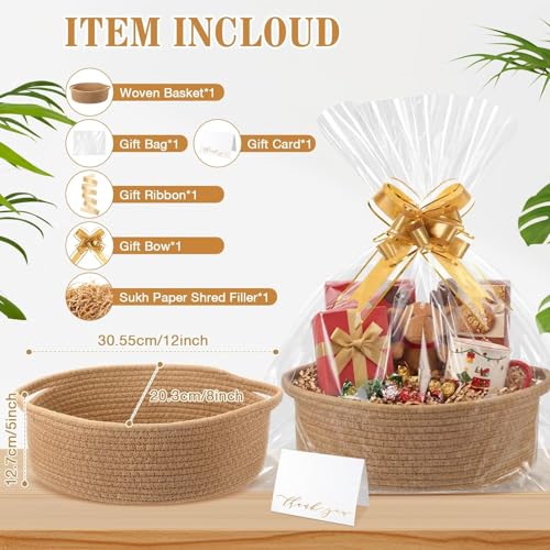 Image of Colingmill Woven Basket with Gift Bags and 2 Ribbons, Raffia Grass Paper Shred Filler, Gift Card, Empty Small Rope Basket for Storage Presents Toy Organizer(Khaki,12 * 8 Inch)