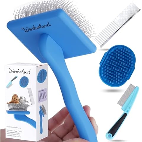 Werduoland Dog Slicker Brush for Long Haired Dogs Doodle Brush for Dogs Large Dog Slicker Brush for Goldendoodles with Ergonomic Solid Wooden Handle Long Pin Grooming Brush for Dogs (Blue) Cover