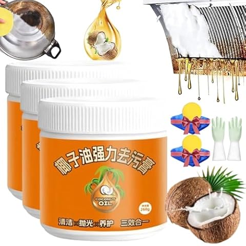 RJDJ Multi-Purpose Coconut Oil Cleaning & Polishing Paste, Stainless Steel Cookware Cleaner, Natural Coconut Oil Cleaning Paste, Powerful Kitchen All-Purpose Cleaner for Oven, Pot and Stove (3pcs) Cover