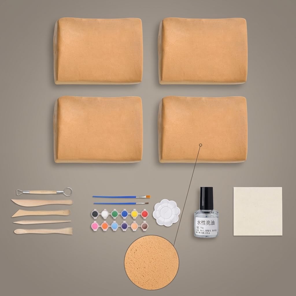 Argilla da Modellare Ceramica Autoindurente per Scultura e Fai-da-Te – Pasta Modellabile Senza Cottura, Argilla gialla 4 confezioni + set da cinque pezzi + pittura + olio lucido