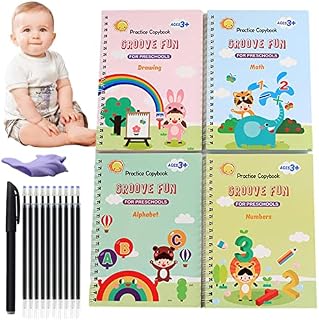 4Pcs Magic Practice Copybook For Kids Reusable Groove Calligraphy For Children English Math Alphabet Drawing Tracing Writing Practice Book Set With Magic Pens/10 Refills/Pen Holder For Kids Gifts