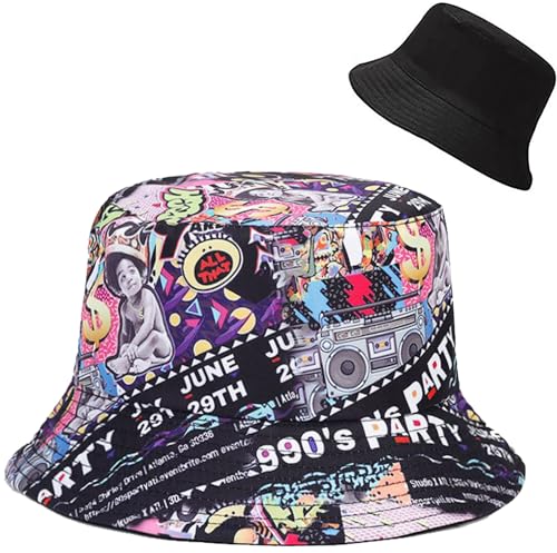 Bucket Hat Beach Sun Hat Fishing Hat for Women Men Outdoor Travel Reversible Double Side Wear Fisherman Hat 80s 90s Party One Size