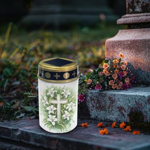 Image of Cross Lily Print Solar Garden Stake Lights Grave Lamp for Outdoor Cemetery Waterproof Dustproof Flameless Solar Lights Automatic Solar Light Solar Light Grave Decoration
