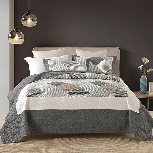 DUOHONG Queen Cotton Quilt Bedspread Set, 3 pcs, Gray/Brown