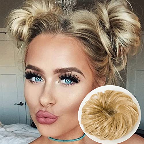 Moonshow Blonde Brown Messy Bun Hair Piece Hair Bun Extensions Wavy Curly Messy 2PCS Tousled Updo Messy Hair Bun Scrunch