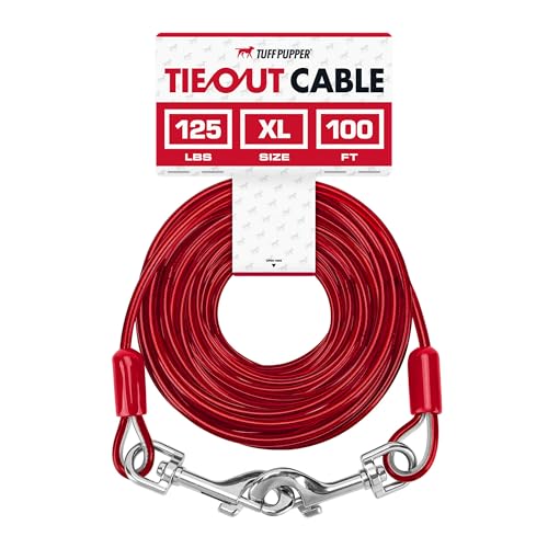 Tuff Pupper Dog Tie Out Cable 100 Feet | Dog Runner Cable for Yard 100 ft | Heavy Duty Lead | Water & Rust Resistant Industrial Strength Steel | 360 Degree No Tangle Swivel Clips