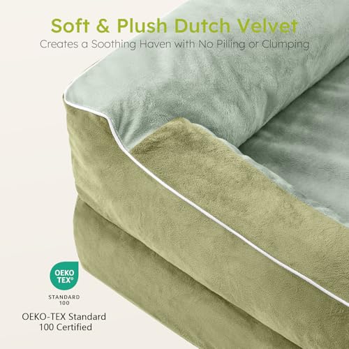 Image of CWAWZ Dog Beds for Large Dogs, Orthopedic Dog Bed with Cooling Gel Memory Foam, Waterproof Large Pet Bed with Removable Washable Cover, 36 inch Pet Sofa Couch Dutch Velvet with Bone Toy, Dark Green