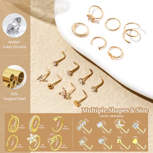 Bautidots 14pcs Nose Studs 20G 18G Nose Rings Stainless Steel Nose Hoop CZ L S Shaped Nose Piercing Nostril Piercing Jewelry for Women Men Silver Gold2