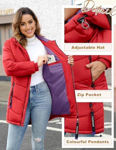 Yuson Girl Wintermantel Damen Warm Steppjacke Parka Lang Mantel Winter Jacke mit Kapuze Herbst Winter Steppmantel Outdoorjacke Elegant Kapuzenmantel mit Zipper, Tasche(Rot, L)