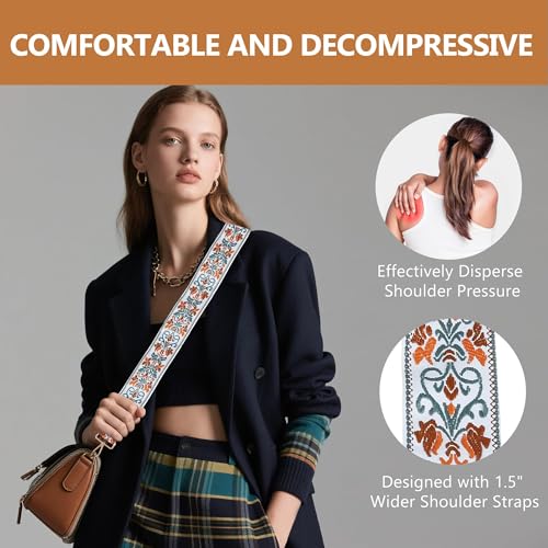 Image of Purse Strap, Adjustable Embroidery Flower 2 Inch Wide Purse Straps Replacement Crossbody for Women