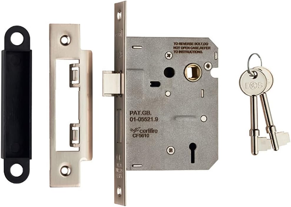 Locking 3 Lever Door Sashlock Latch - Square Forend - 76mm - Satin Nickel | Secure Door Latch Dead Lock - Locking Key Turn Security Catch