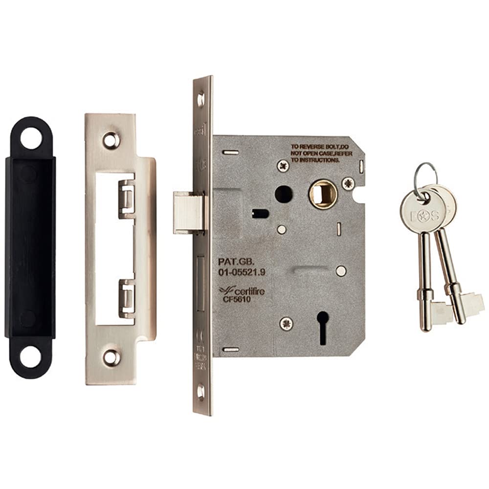 Locking 3 Lever Door Sashlock Latch - Square Forend - 76mm - Satin Nickel | Secure Door Latch Dead Lock - Locking Key Turn Security Catch