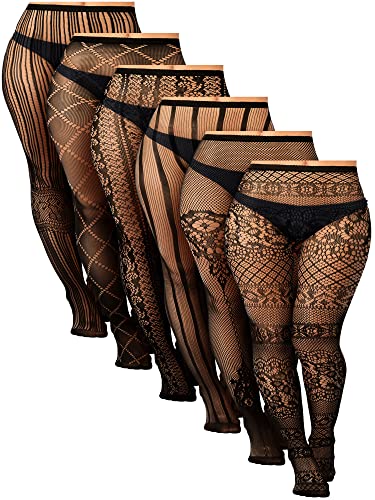 Skylety 6 Pairs Women Plus Size Fishnet Suspender Pantyhose Thigh High Stocking Garter Belt Lingerie Tights for Women L-XXXL