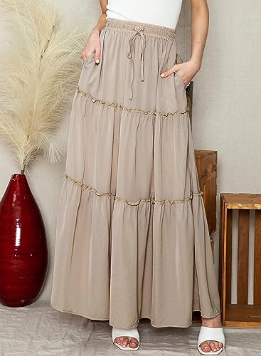 Image of Happy Sailed Womens Floral Print Boho Maxi Skirt Elastic High Waist Pleated Ruffle Flowy Long Skirts S-XL