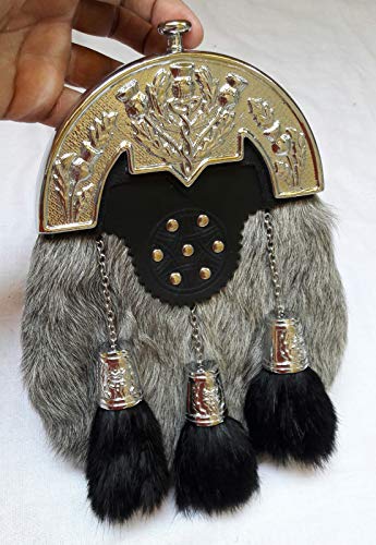 Full dress Sporran With grey Goat Fur With Chrome Cantel (Free Belt Included)3