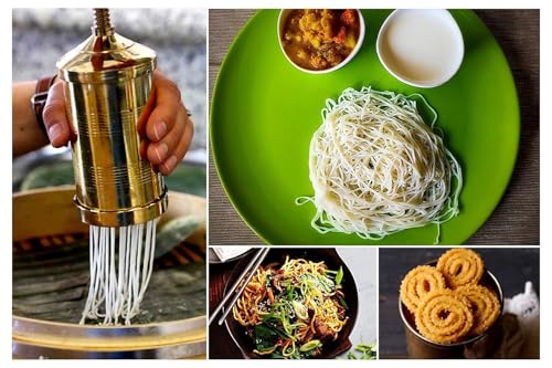 Image of Stainless Steel Kitchen Press Sev Sancha, Chakali /Murukku Janthikulu /Snacks Maker Machine Sev Chakli Gathiya Sevaia Maker with Removable Bottom - 9 No. (Silver Colour) (Medium, 4, Count)
