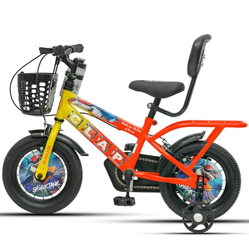 Image of Shark Tank 12T Kids Bicycle for Boys & Girls with Training Wheel, Front Basket, PU Soft Seat with Backrest, Full Chain Cover & Stylish Wheelcards (Yellow /Orange, 12T)