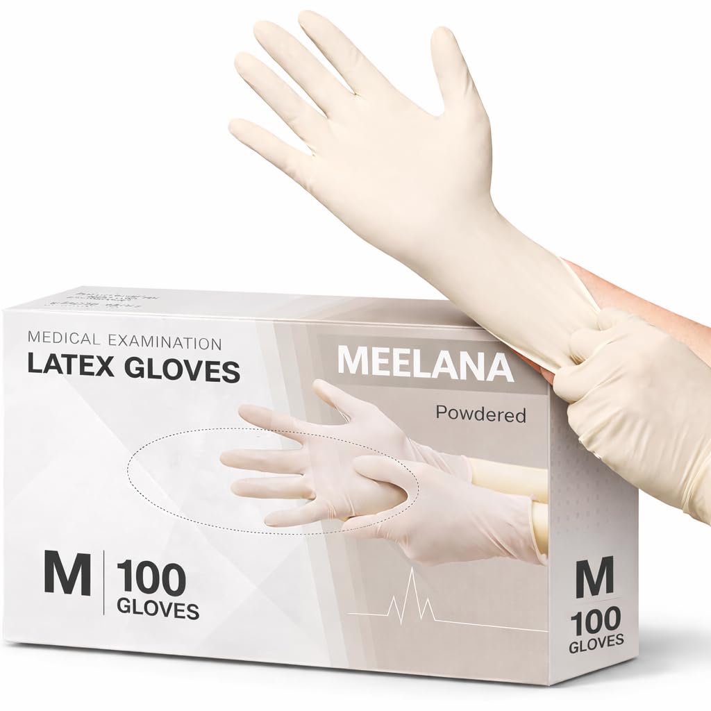 MEELANA Latex Hand Gloves|Medical Grade 4gm|White|Food Grade|Ce Approved|Non Sterile|Medical Examination|All-Purpose|Powdered|Cleaning|Examination Gloves Pack of 100 (White, M)-image-3
