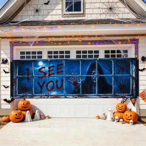 Image of Halloween Banner 118x35.4 Inch Scary Ghost Window Decoration Backdrop, Creepy Haunted House Party Decoration Outdoor Yard Sign for Festival Celebration, Fence Wall Porch Indoor Outdoor