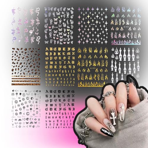 10 Hojas Pegatinas Uñas Adhesivas, 3D Calcomanías Uñas Autoadhesivas, Decoración Uñas Arte Nail Stickers Art Que Incluyen: Serpiente, Mariposa, Estelar, Patrón de Llama