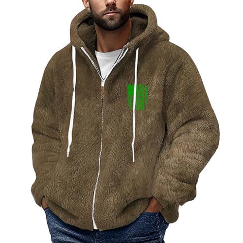 Mens Fuzzy Jacket Fleece Long Sleeve Print Zipper Hoodie Drawstring Coat Winter Soft Warm Outdoor Fashion Overcoat Plus Size