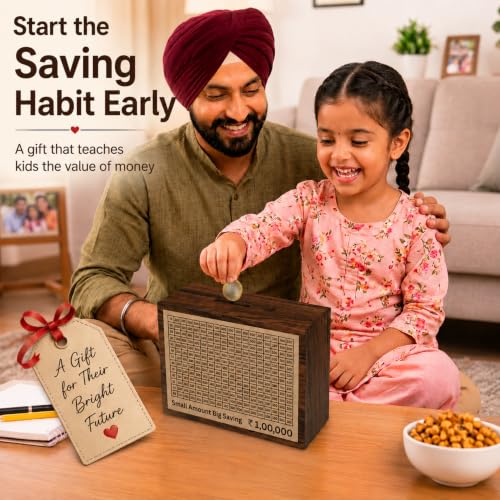 Image of Unbreakable Wooden Money Saving Box for Adults - 1 Lakh Capacity | Reusable Piggy Bank | Money Bank with Amount 100000 | One Lakh Gullak, Kidddy Bank for Kids, Men, Women, Girls, Boys | 1 Yr Warranty