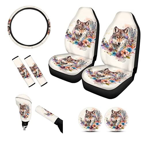 Tupalatus Auto Front Seat Covers Steering Wheel Cover,Seat Belt Shoulder Pads,Cup Holder,Gear Shift Knob Cover,Car Handbrake Protector Full Set of 9 Pieces for Women Gifts, Retro Wolf Floral Beige