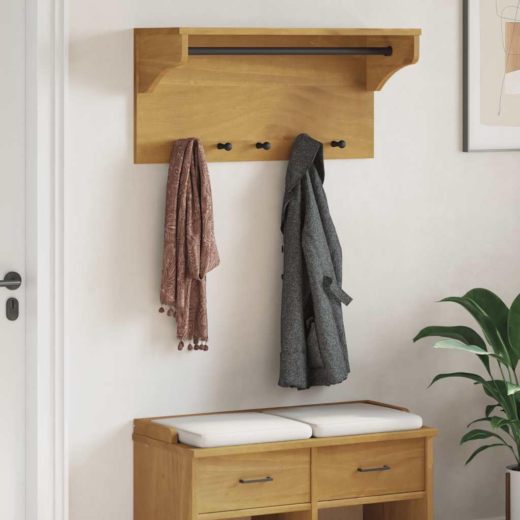 Garderoba ścienna Sandnes z litego drewna sosnowego, garderoba do przedpokoju z półką na kapelusze i 5 haczykami, rustykalny design o wyglądzie orzecha włoskiego, 87 x 30 x 42 cm