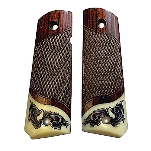 Premium Grips Compatible Replacement for 1911 Colt Full Size Rosewood Grips w/Faux Scrimshaw Ivory Accent Bonus 4 Gold Screws - Premium Gun Grips