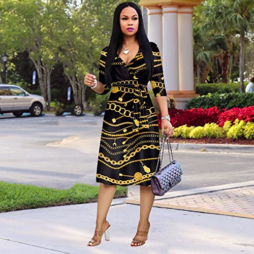Image of Womens Plus Size Summer Dresses Sexy V Neck Midi Dress Faux Wrap Dress 3 /4 Sleeve Boho Casual Floral A-Line Skirts