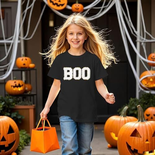 Girl Boy Halloween Shirts Kid Glitter Boo Chenille Patch T-Shirt Embroidery Spooky Season Tee Fall Short Sleeve Top3