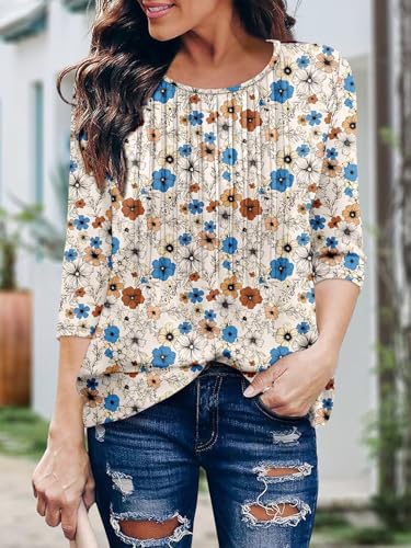 KISSMODA Tunic Tops for Women Loose Fit Dressy Round Neck Pleated 3/4 Length Sleeve Spring Tops