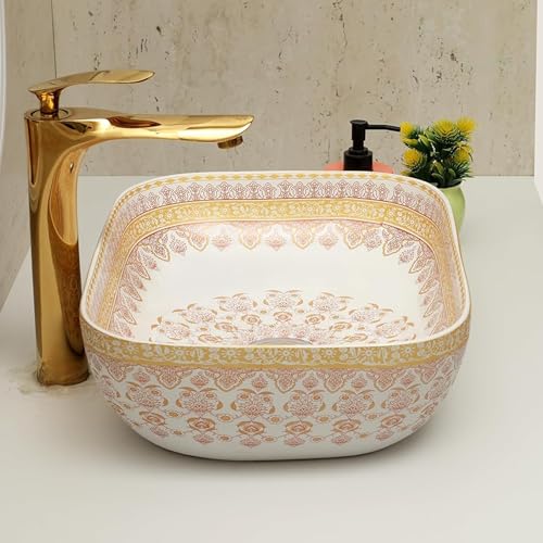Image of Archstone Wash Basin for Bathroom-1 Year Warranty - Tabletop Washbasin - Ceramic Glossy Rectangle Designer Moroccan Countertop Vessel Sink, Dining Hall & Vanity 33x45x14.5 cm (Orange Moroccan)