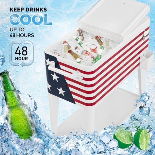Image of VINGLI Rolling Ice Chest, Portable Patio Party Bar Drink Cooler Cart, with Shelf, Beverage Pool with Bottle Opener