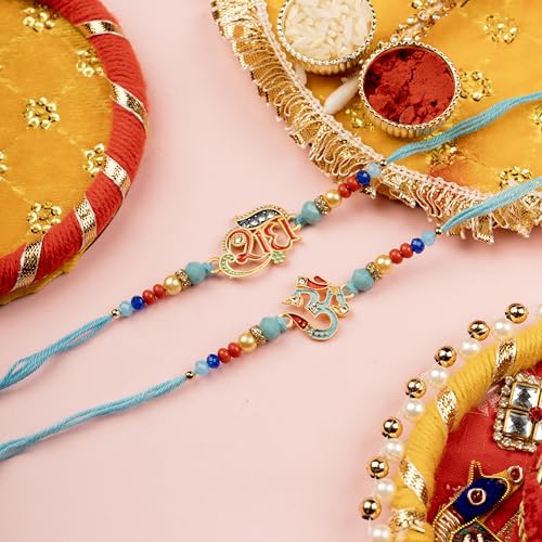 Image of Traditional Handmade Beaded Rakhi For Raksha Bandhan| Hand Bracelet For Brother| Wrist Band For Bhaiya & Bhabhi | Trendy Combination Designs Protective Thread Combo-Set Of 2